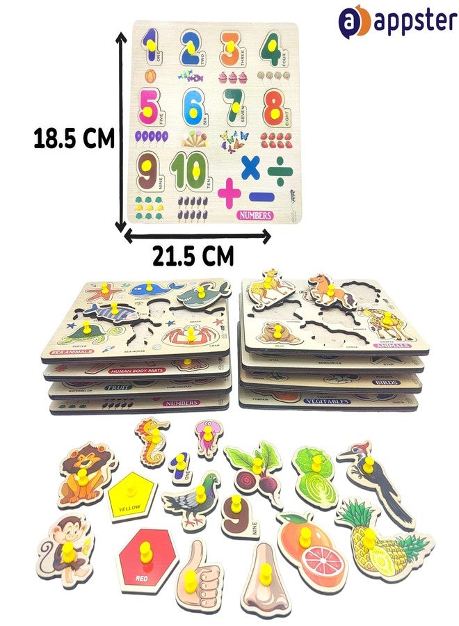 APPSTER Animal, Fruits, Vegetables, Birds, Shape Color, Numbers, Body Parts & Sea Animals Wooden Puzzle Toy for Kids Jigsaw Puzzles for Adults Baby Learning Educational Toys Board Game (Pack of 8) - Image 4
